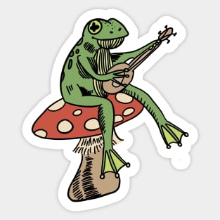 frog sitting on a mushroom playing guitar Sticker